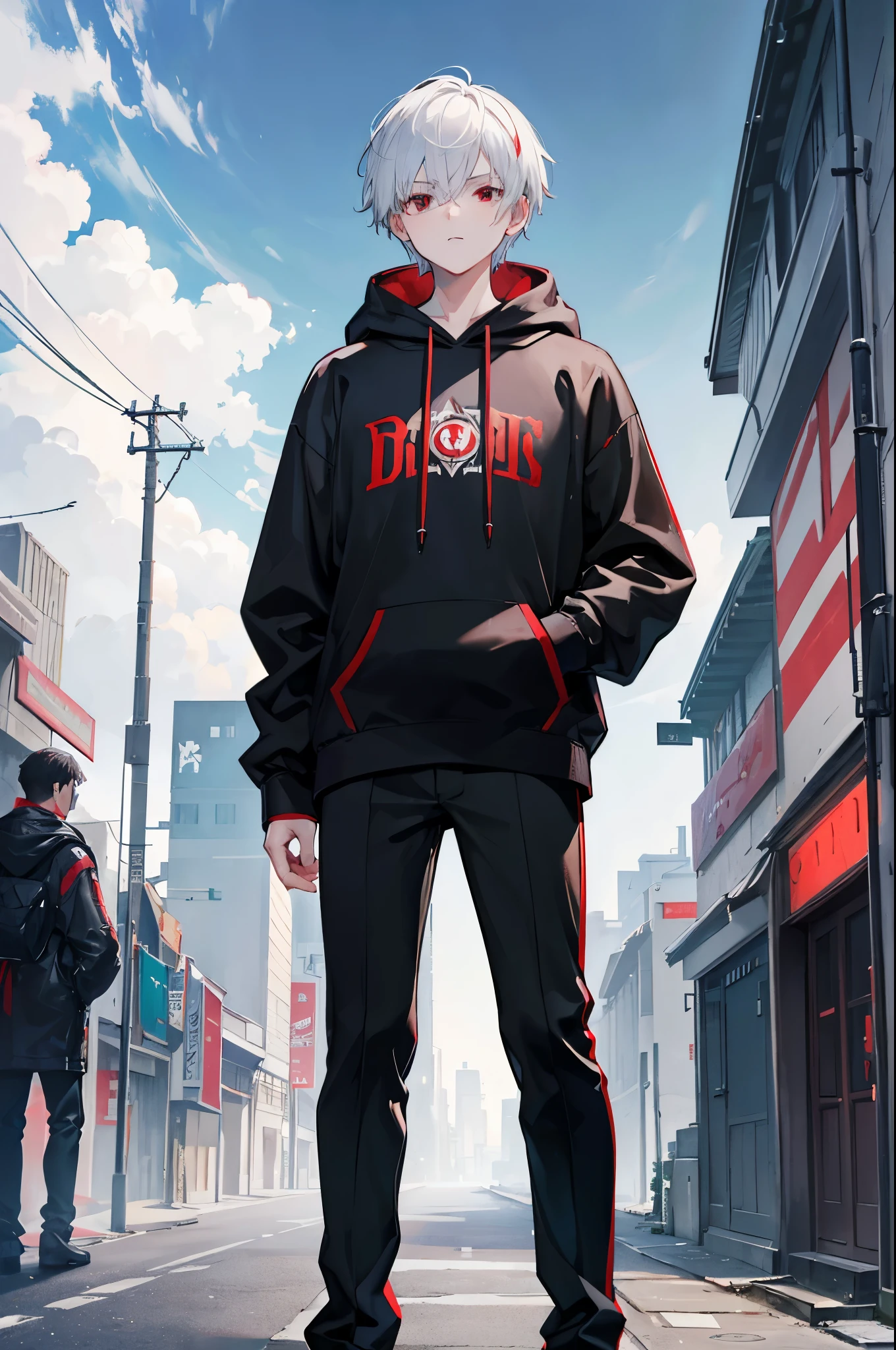 A young man with short white hair, red eyes. Wearing a black hoodie with gray details. He is standing, looking to the side. On a center of a city. Dungeons and Dragons art direction, studio ghibli Style