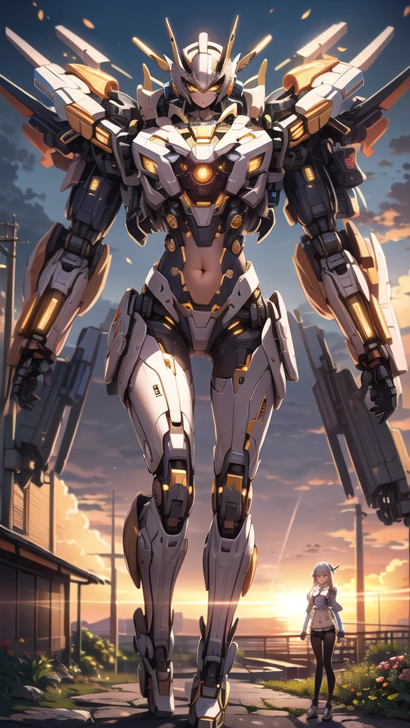 ((Masterpiece, Best Quality)), illustration, ultra-detailed 8K, realistic, clear focus, highly detailed, professional lighting, colorful details, rainbow colors BREAK factory super long shot, (1 large mechanical robot), microchip, computer, luminescence, intricate details, shitu-mecha, 1girl downscale standing in front of the viewer, navel