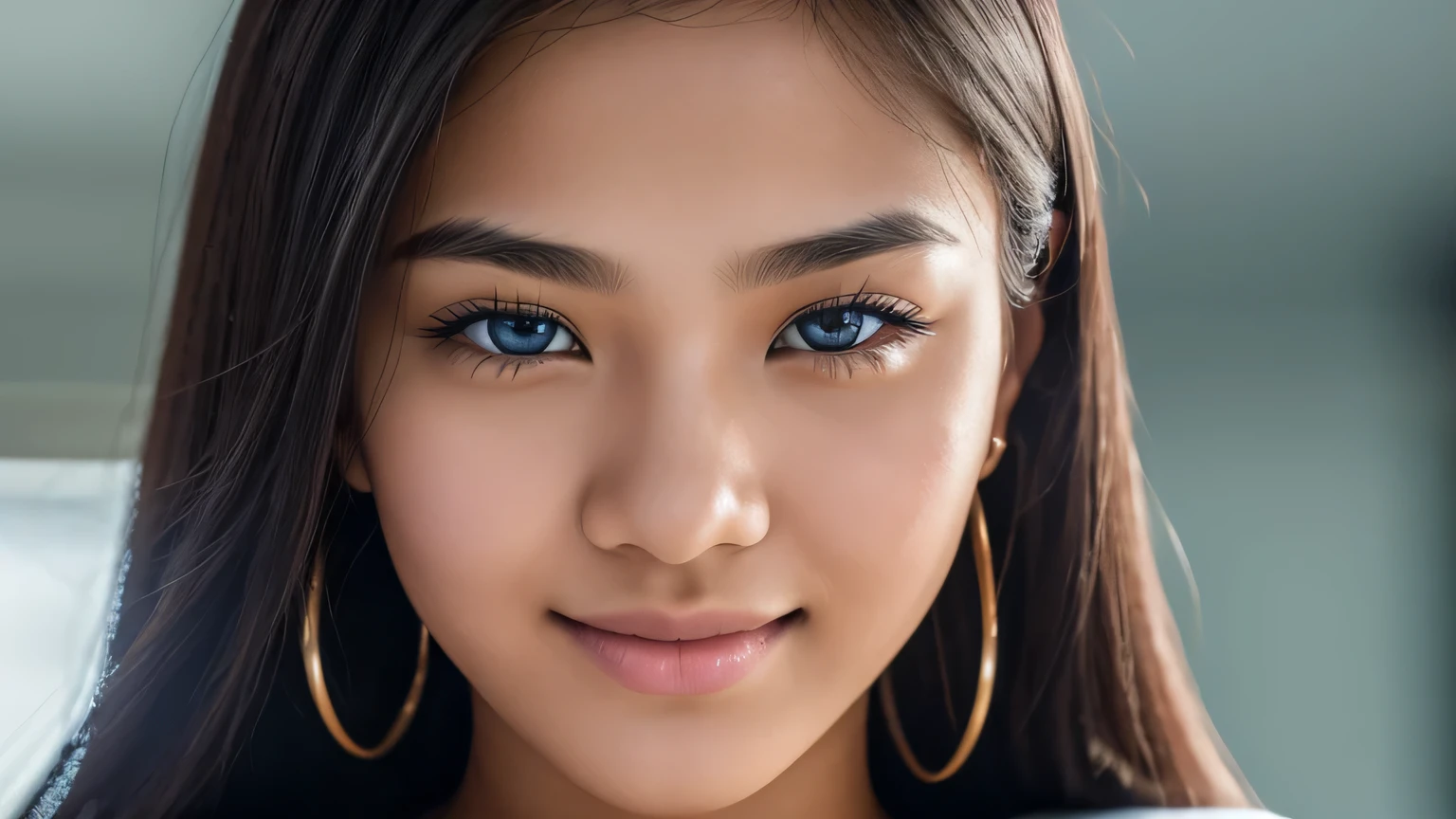 ultra photorealistic image of one Thai high school student, semen is splattered across her face:1.4), she has long straight black hair and light blue eyes with luscious mascara and long eyelashes, (large 34C breasts:1.4), (17 years old:1.4), slim, slim oval face, sitting in a classroom, nice smile, small gold hoop earrings, looking at camera, (facing camera:1.4), ultra-high resolution, (photorealistic: 1.4), high resolution, (finely detailed skin), (perfectly proportioned) (photo realistic) (masterpiece) (photorealistic), ultra realistic (Best Quality) (Detailed) photographed in a Canon EOS R5, 85mm Lens, F/2.8, (8K) (Wallpaper), focus on face,
