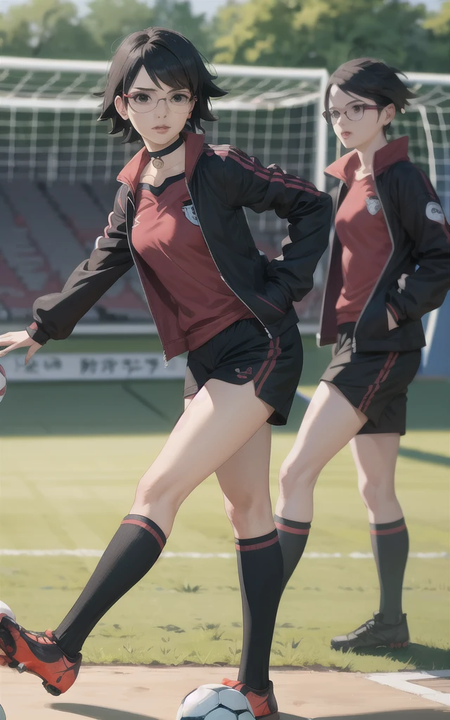 BARUTO_Timeskip_Uchiha_Sarada_ownwaifu, hand in pocket, 
1 girl, glasses, round glasses, black hair, black eyes, bangs, swept bangs, short hair, lips, medium breasts, thighs,
black choker, soccer shirt, red and black long sleeve shirt, black soccer shorts, black and red soccer clothes, black cleats, soccer tights, soccer socks, 
((masterpiece)),((best quality)),(high resolution), bokeh, depth of field, landscape, focus, focused, looking at viewer, alone,