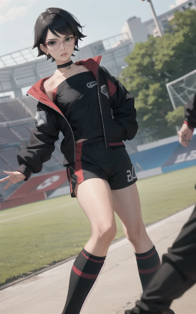 BARUTO_Timeskip_Uchiha_Sarada_ownwaifu, hand in pocket, 
1 girl, glasses, round glasses, black hair, black eyes, bangs, swept bangs, short hair, lips, medium breasts, thighs,
black choker, soccer shirt, red and black long sleeve shirt, black soccer shorts, black and red soccer clothes, black cleats, soccer tights, soccer socks, 
((masterpiece)),((best quality)),(high resolution), bokeh, depth of field, landscape, focus, focused, looking at viewer, alone,