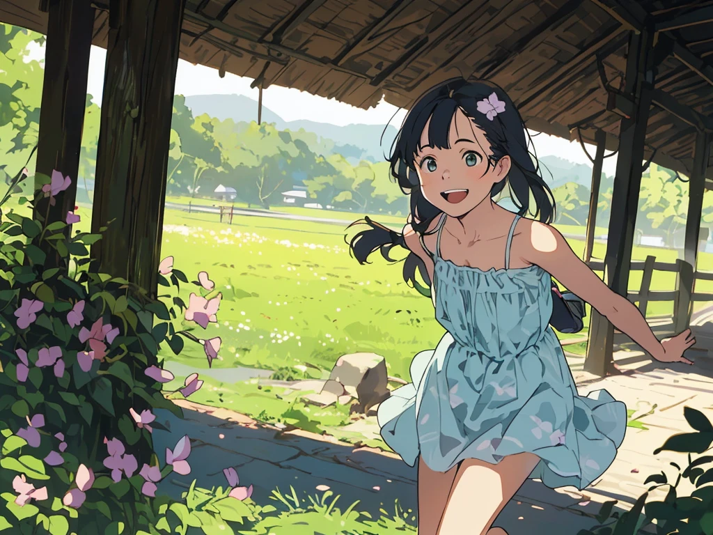 Reasonable design, Clear lines, High Sharpness, (Highest quality,8K,Perfect sharpness,Ultra fine,High resolution,masterpiece:1.2), Perfect Anatomy:1.5, Official Art, Illustrations that tell a story, (Whitish background:0. 9)、Body Positivity、多Mr.な身体表現、(Random and energetic poses)、Perfect beauty、Perfect beautiful face、Strong winds、A rich expression、Dynamic composition、smile、Golden ratio composition、colorful、((Mr.々Different angles and perspectives))、Anime Art、(Mini dress)、(Overcoming stereotypes)、 Glowing Skin、(Natural beauty)、smile、Bangs、(Soft and flowing hair)、(countryside)、(Nostalgic atmosphere)、Put up to your feet、(Playful and carefree)、(多Mr.な民族のキャラクター)、(innocent attitude)、(Sunny atmosphere)、(The skirt flutters wildly in the wind)、(Bright colors)、Beautiful Eyes、(Embarrassing)、Braided Hair、Summer Scene、Smiling among flowers、Angle from above、