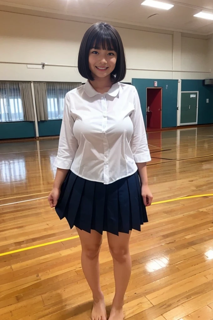 A girl, 18-years old studi, cute smile girl, (white collar shirt, oversized collar shirt, white half sleeve shirt), huge breasts, (navy blue pleated skirt), black A-line bob cut, in wooden floor school gym, half open mouth, (standing), (barefoot), view from below, from front, barefoot,