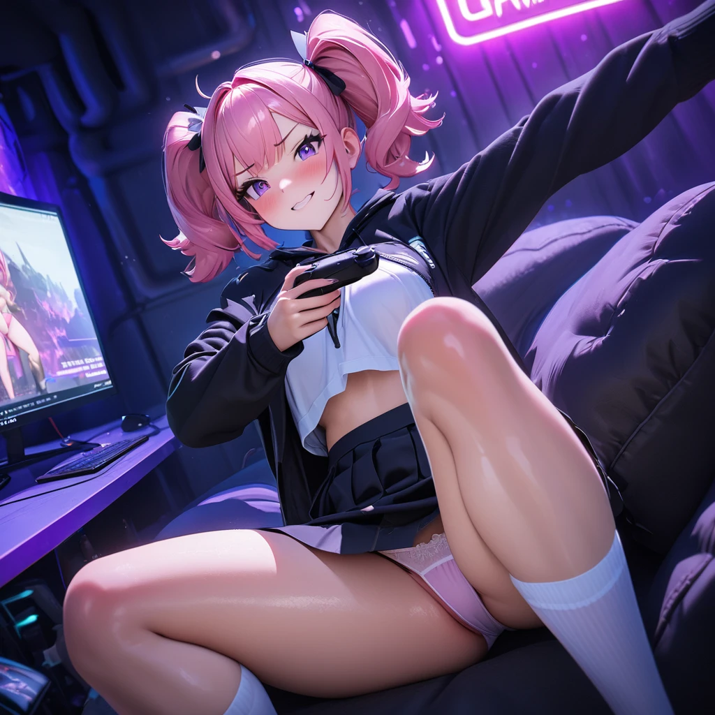 masterpiece, highly detailed, 8k, night time, neon gaming cave, adorable short haired American gamer girl sitting on a bean bag, cute face, holding a playstation game control, showing panties, sexy panties, looking at the monitor, Twitch streamer, camgirl, very short skirt, fit, gorgeous, sexy, 23 year old, over the knee socks, pink hair, messy twin tails, (dynamic pose), (dynamic angle), panty shot