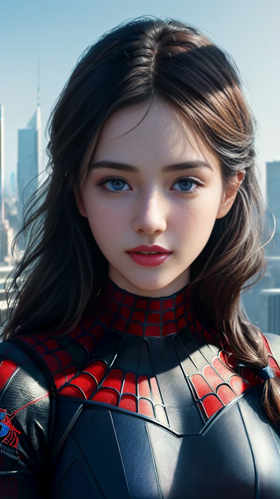 (1girl:1.3), Solo, (((Very detailed face)))), ((Very detailed eyes and face)))), Beautiful detail eyes, Body parts__, Official art, Unified 8k wallpaper, Super detailed, beautiful and beautiful, beautiful, masterpiece, best quality, original, masterpiece, super fine photo, best quality, super high resolution, realistic realism, sunlight, full body portrait, amazing beauty, dynamic pose, delicate face, vibrant eyes, (from the front), She wears Spider-Man suit, red and black color scheme, spider, very detailed city roof background, rooftop, overlooking the city, detailed face, detailed complex busy background, messy, gorgeous, milky white, highly detailed skin, realistic skin details, visible pores, clear focus, volumetric fog, 8k uhd, DSLR, high quality, film grain, fair skin, photo realism, lomography, futuristic dystopian megalopolis, translucent
