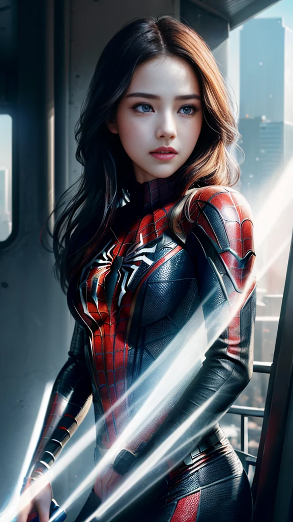 (1girl:1.3), Solo, (((Very detailed face)))), ((Very detailed eyes and face)))), Beautiful detail eyes, Body parts__, Official art, Unified 8k wallpaper, Super detailed, beautiful and beautiful, beautiful, masterpiece, best quality, original, masterpiece, super fine photo, best quality, super high resolution, realistic realism, sunlight, full body portrait, amazing beauty, dynamic pose, delicate face, vibrant eyes, (from the front), She wears Spider-Man suit, red and black color scheme, spider, very detailed city roof background, rooftop, overlooking the city, detailed face, detailed complex busy background, messy, gorgeous, milky white, highly detailed skin, realistic skin details, visible pores, clear focus, volumetric fog, 8k uhd, DSLR, high quality, film grain, fair skin, photo realism, lomography, futuristic dystopian megalopolis, translucent