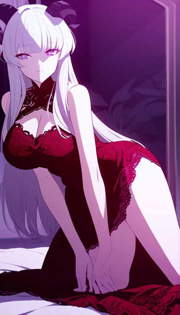 a girl with long white hair, purple eyes, wearing a red lace dress, kneeling on a large bed, in the dark with violet tones, sexy, sensual,black goat horns,voluptuous