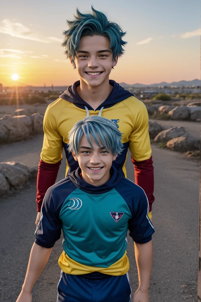 Screenshot of boku no hero academia.
A 16 year old boy. Short, wavy blue hair with blonde highlights. slanted eyes. yellow eyes. Eyes with many dark circles. His face is happy. He is wearing the gray and red UA .
He is smiling with a happy face and behind him there is a sunrise.