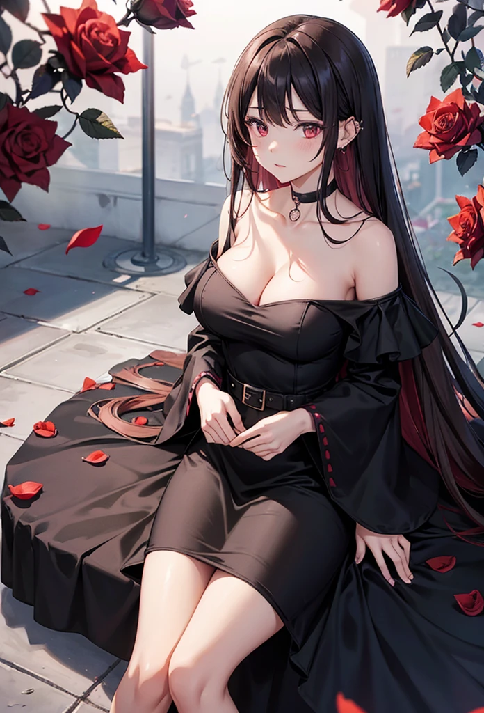 slender, mature female,rose, red_rose, red_flower, flower, 1girl, breasts, rose_petals, cleavage, long_hair, rating:safe, large_breasts, black_rose, dress, black_dress, solo, thorns, camellia, choker, looking_at_viewer, collarbone, very_long_hair, pink_rose, petals, long_sleeves, bare_shoulders, sitting, red_eyes, black_flower, brown_eyes, blush, bangs, sidelocks, black_hair, piercing, parted_lips, closed_mouth, purple_rose, jacket, ear_piercing, spider_lily, belt, earrings, jewelry, long_dress, brown_hair, thighs