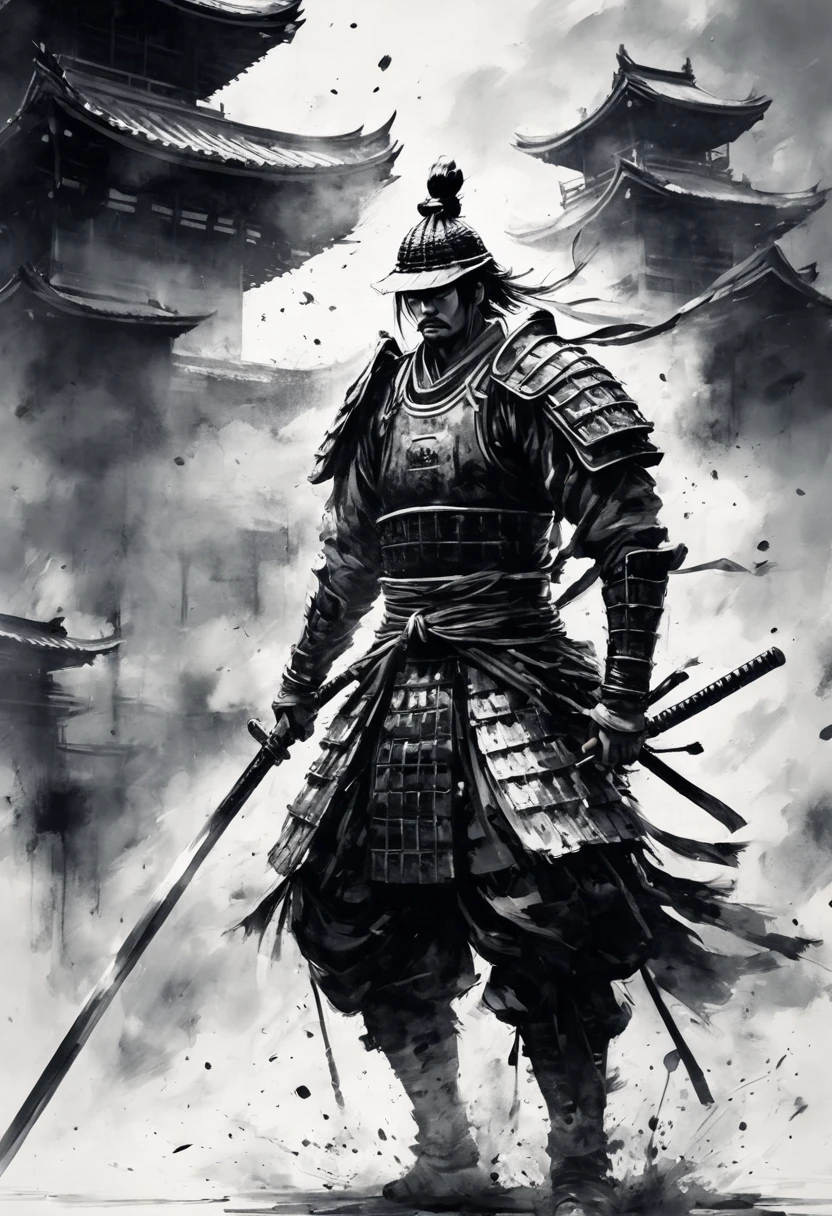 Black and white painting,Ink Painting,(spread legs:1.1),Warrior,Muscular,samurai armor,kyoto,Recreate the scene of raising the sword to attack the enemy.
