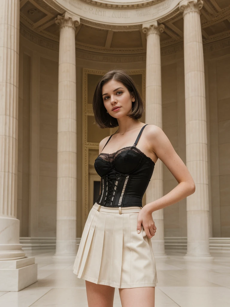 her name is Marie, high quality, 1girl, ((20-year-old fit Caucasian woman)), ((20 years old)), ((fit)), ((pale skin tone)), medium length straight blonde hair , wearing Lace-Up Corset Top + High-Waisted Pleated Skirt, pose: standing, background: Capture the excitement of a visit to the National Mall in Washington, D.C., where tourists can see iconic monuments like the Lincoln Memorial, the Washington Monument, and the U.S. Capitol
