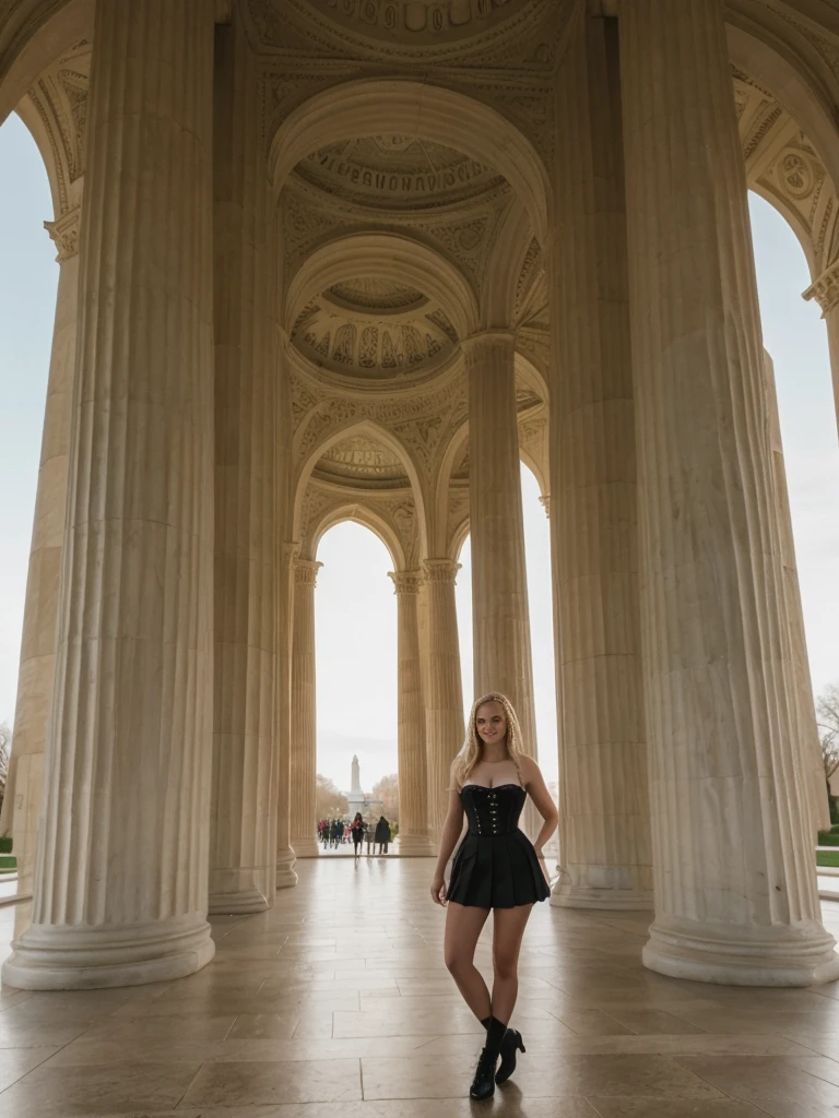 her name is Marie, high quality, 1girl, ((20-year-old fit Caucasian woman)), ((20 years old)), ((fit)), ((pale skin tone)), medium length straight blonde hair , wearing Lace-Up Corset Top + High-Waisted Pleated Skirt, pose: standing, background: Capture the excitement of a visit to the National Mall in Washington, D.C., where tourists can see iconic monuments like the Lincoln Memorial, the Washington Monument, and the U.S. Capitol