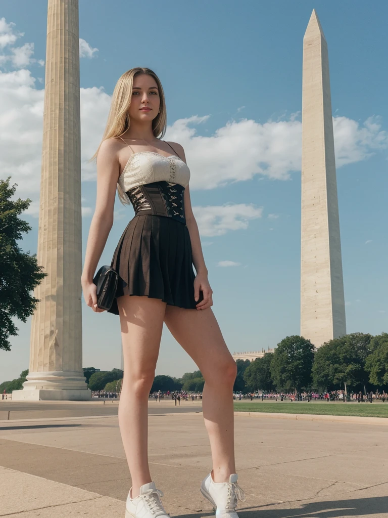 her name is Marie, high quality, 1girl, ((20-year-old fit Caucasian woman)), ((20 years old)), ((fit)), ((pale skin tone)), medium length straight blonde hair , wearing Lace-Up Corset Top + High-Waisted Pleated Skirt, pose: standing, background: Capture the excitement of a visit to the National Mall in Washington, D.C., where tourists can see iconic monuments like the Lincoln Memorial, the Washington Monument, and the U.S. Capitol