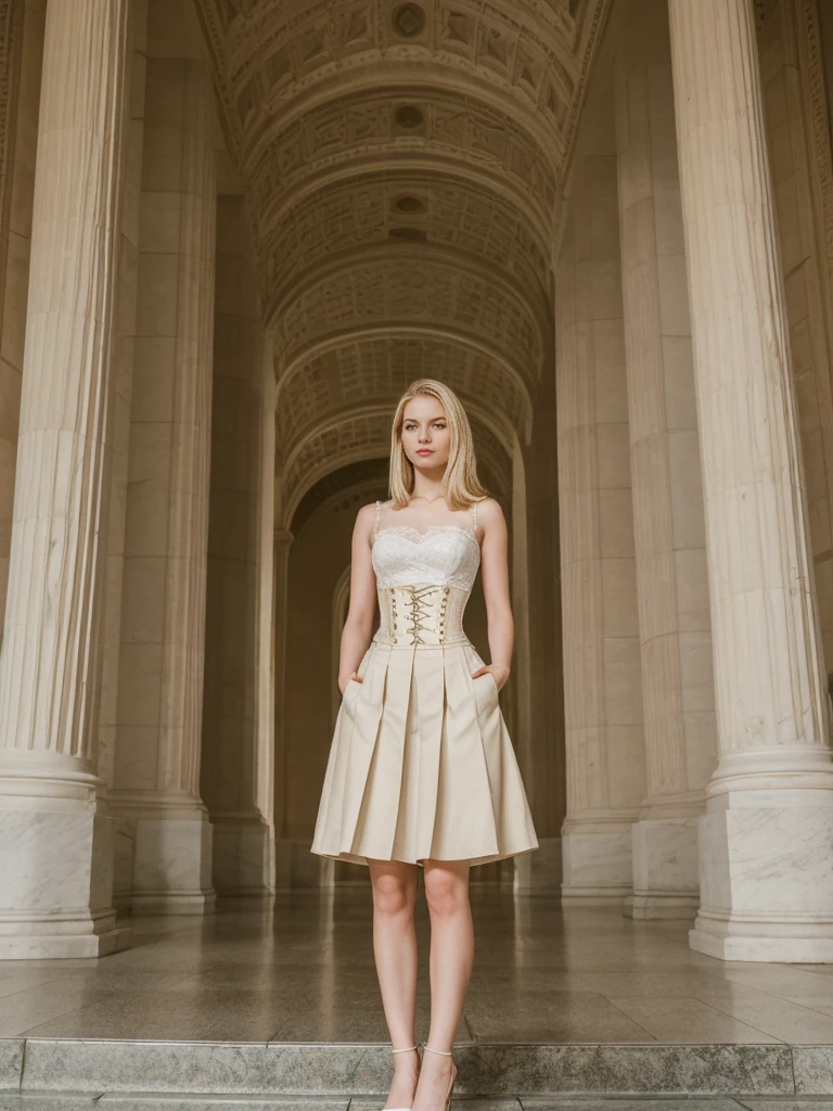 her name is Marie, high quality, 1girl, ((20-year-old fit Caucasian woman)), ((20 years old)), ((fit)), ((pale skin tone)), medium length straight blonde hair , wearing Lace-Up Corset Top + High-Waisted Pleated Skirt, pose: standing, background: Capture the excitement of a visit to the National Mall in Washington, D.C., where tourists can see iconic monuments like the Lincoln Memorial, the Washington Monument, and the U.S. Capitol