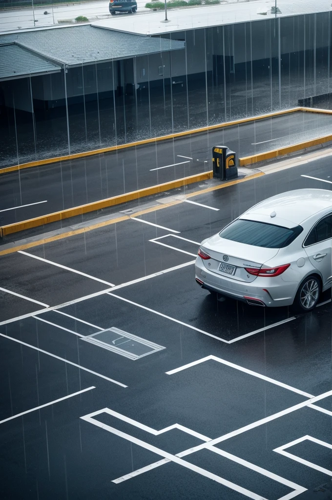 image where there is an open parking lot and it is raining