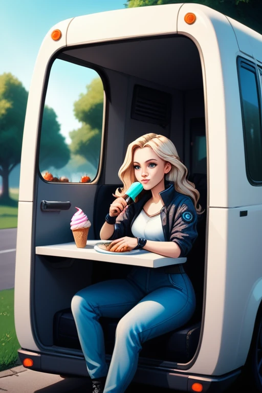 tall woman(blue eyes; long, wavy blonde hair; large breasts; pale skin tone; happy; glowing LED tattoos; girl-next-door look), Disney-style cgi, working in an ice cream food van at the park; selling ice cream; futuristic; dystopian; cyberpunk; best quality; trending on artstation; complex volumetric lighting; in the park; sunny day; holding an ice cream; food van window.