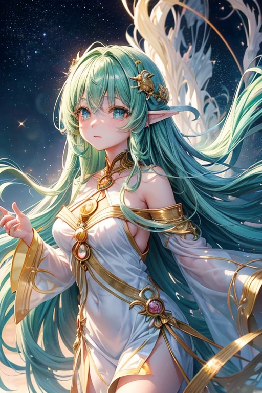 Imagine an anime girl with ethereal beauty, as if it had been sculpted by the same artists who painted the stars in the night sky. Her hair flows like a waterfall of golden threads, capturing sunlight in every strand. His eyes are two bright emeralds, full of life and mystery, reflecting a spirit that is both ancient and eternally young. The girl's skin has the soft glow of dawn, and her smile is so radiant that it could illuminate even the darkest corners of the heart.”