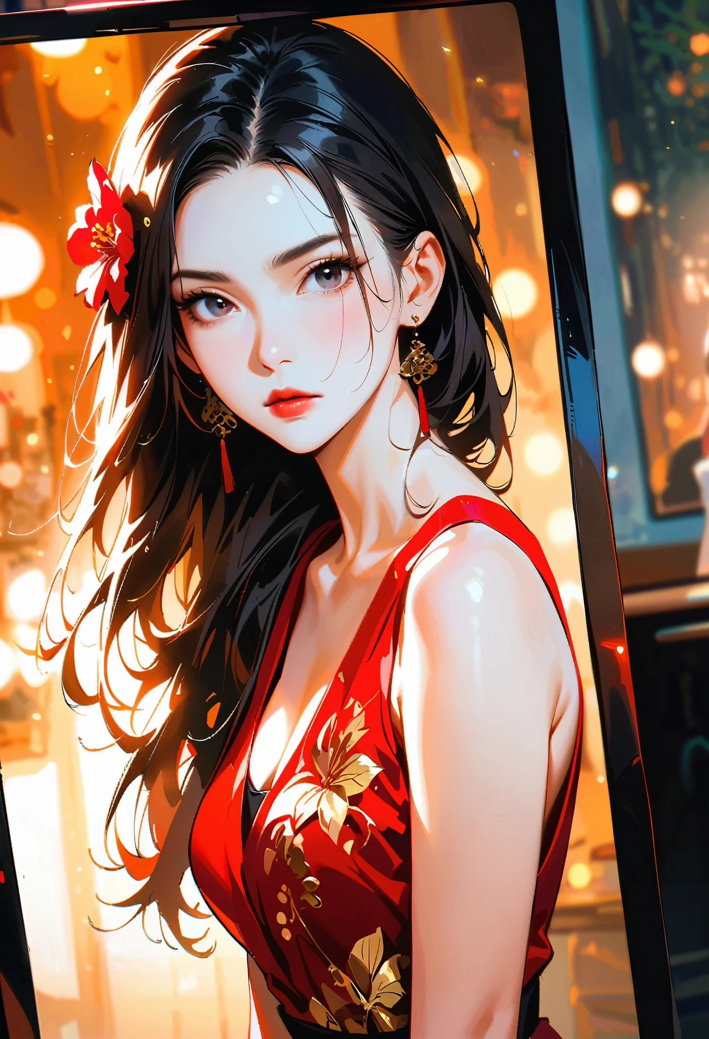 1girl, 独奏, long hair, black hair, hair ornament, dress, bare shoulders, jewelry, collarbone, upper body, flower, earrings, indoors, hair flower, black eyes, lips, red dress, realistic, red lips，(Best of quality at best,4K,8K,high resolution,tmasterpiece:1.2),Extremely detailed,(current,currentally,currentally:1.37),Perfect of female gender body,Slim waist,Detail fingers,Slender legs,frown,Face red,Tension,Gender,Beauty of_Face, Photos of Fabao Deshi, tmasterpiece, RAW photos, Studio light, Best of quality, (Detailed Faces, Refined skin texture, Extremely detailed),current,(8K, RAW photo, Best of quality, masterpiece:1.2), (photocurrent, current:1.4), (200mm Sigma f/1.2 Zeiss lenses, f1.2, 1/200s, ISO 100, photograpy:1.4), (professional Lighting, Light, soft Lighting, Bright:1.2), Exquisite, Extremely detailed, Beauty of, extremely detailed eyes and Face,,depth_of_Place,Sports_Blur of,bokeh,photo_(Medium),photo_background,photocurrent, floral pattern, Bright skin, Fascinating Light, decorate, Natural Light, shallow depth of Place, Romantic environment, Dreamy soft tones, Peculiar details, Photographed in,
