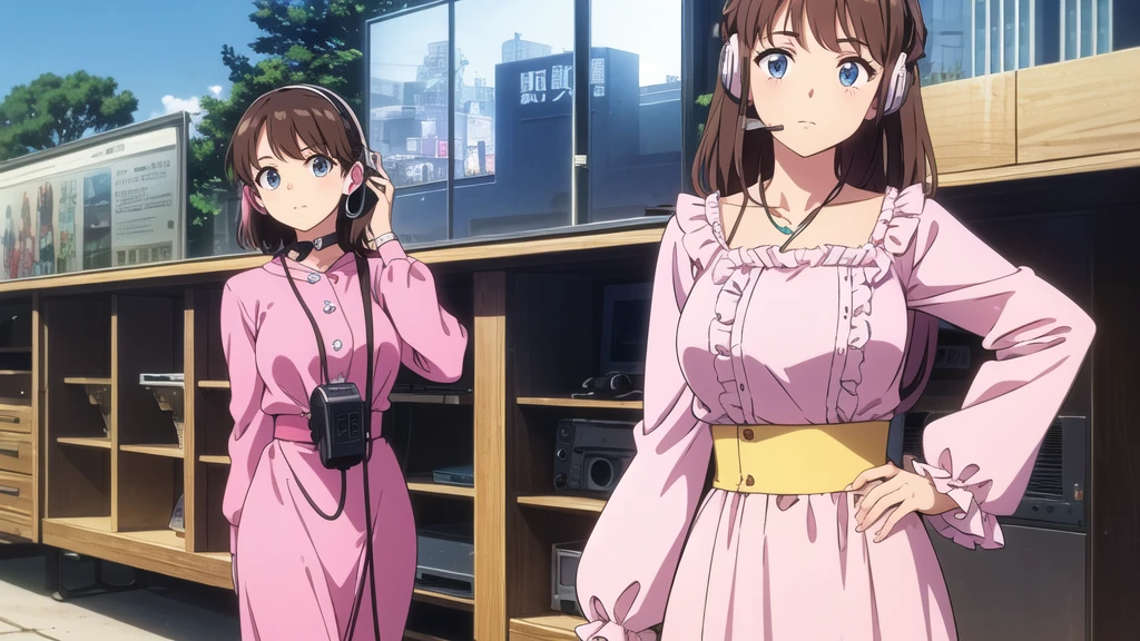 A cute, busty girl in her 20s wearing a frilly, feminine outfit、Listening to music through a headset and holding a Walkman, She's in a nostalgic 1980s town., Line of sight,