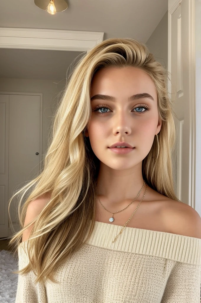 1 girl in, 19yearsold, standing alone, long hair, Colossal , gazing at viewer, hair blonde, bared shoulders, eyes browns, jewelry, whole body, a necklace, off the shoulders, Sweaters, realisitic, A sexy