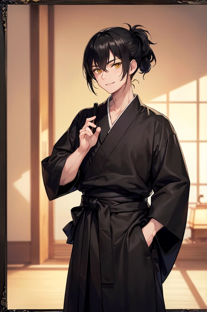 (masterpiece; best quality: 1.2), (finely detailed eyes: 1.3), ((ung man)), ((solo)), (yellow eyes: 1.4), (masculine; lean, toned: 1.3), (short black hair in low ponytail: 1.3), (beautiful and clear background: 1.2), ((depth of field)), (clothes: all-black ronin hakama + all-black ronin kimono: 1.3), (anime illustration: 1.2), (background; old japanese mansion exterior+ night: 1.1), (extremely fine and handsome: 1.1), (frame composition; standing + close-up: 1.5), (expression; calm, smile: 1.2)