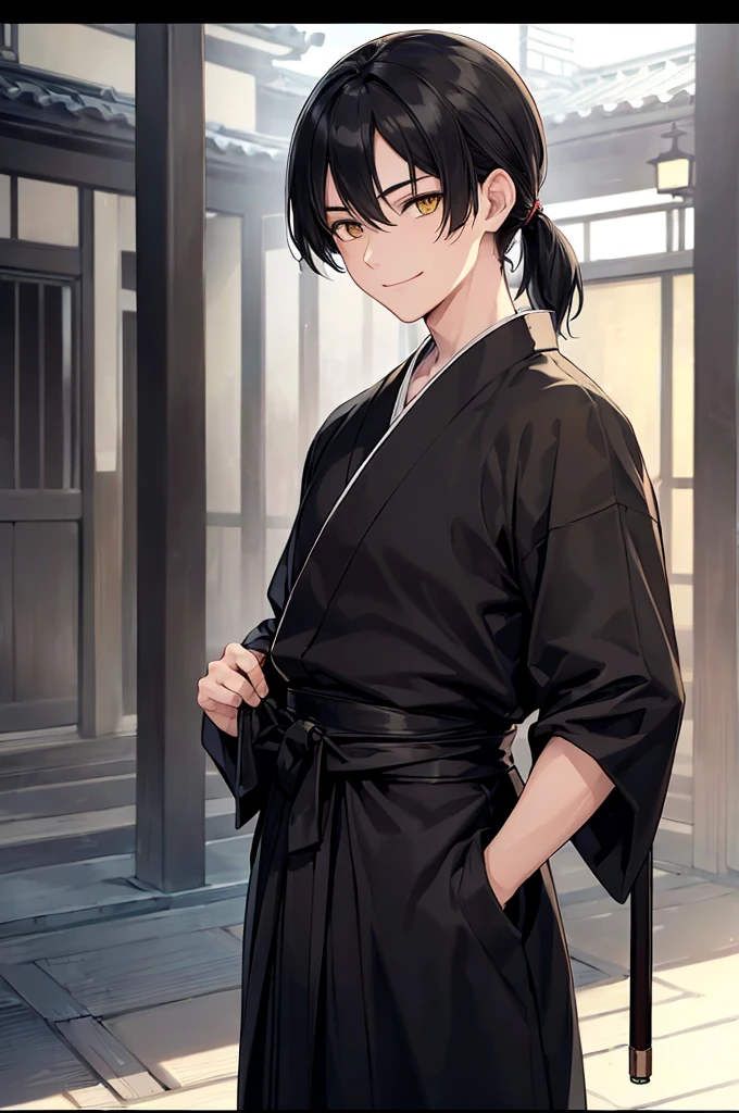 (masterpiece; best quality: 1.2), (finely detailed eyes: 1.3), ((1 young man)), ((solo)), (yellow eyes: 1.4), (masculine; lean, toned: 1.3), (short black hair in low ponytail: 1.3), (beautiful and clear background: 1.2), ((depth of field)), (clothes: all-black ronin hakama + all-black ronin kimono: 1.3), (anime illustration: 1.2), (background; old japanese mansion exterior+ night: 1.1), (extremely fine and handsome: 1.1), (frame composition; standing + close-up: 1.5), (expression; calm, smile: 1.2)