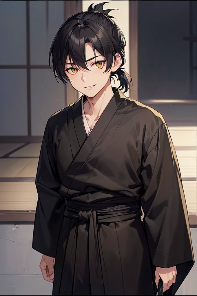 (masterpiece; best quality: 1.2), (finely detailed eyes: 1.3), ((ung man)), ((solo)), (yellow eyes: 1.4), (masculine; lean, toned: 1.3), (short black hair in low ponytail: 1.3), (beautiful and clear background: 1.2), ((depth of field)), (clothes: all-black ronin hakama + all-black ronin kimono: 1.3), (anime illustration: 1.2), (background; old japanese mansion exterior+ night: 1.1), (extremely fine and handsome: 1.1), (frame composition; standing + close-up: 1.5), (expression; calm, smile: 1.2)