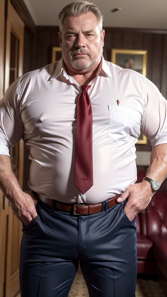 (best quality,4k,8k,highres,masterpiece:1.2), age 60, white man sheriff , horny disgusting, muscular chubby, kind, opened red silk shirt , mature daddy, Dress Pants with big bulge, hairy chest hard nipple, belt, loafer,