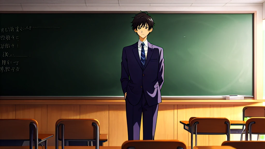 Teacher standing in front of the podium、Chalkboard at the back、Straight face、male、suit、Anime Style