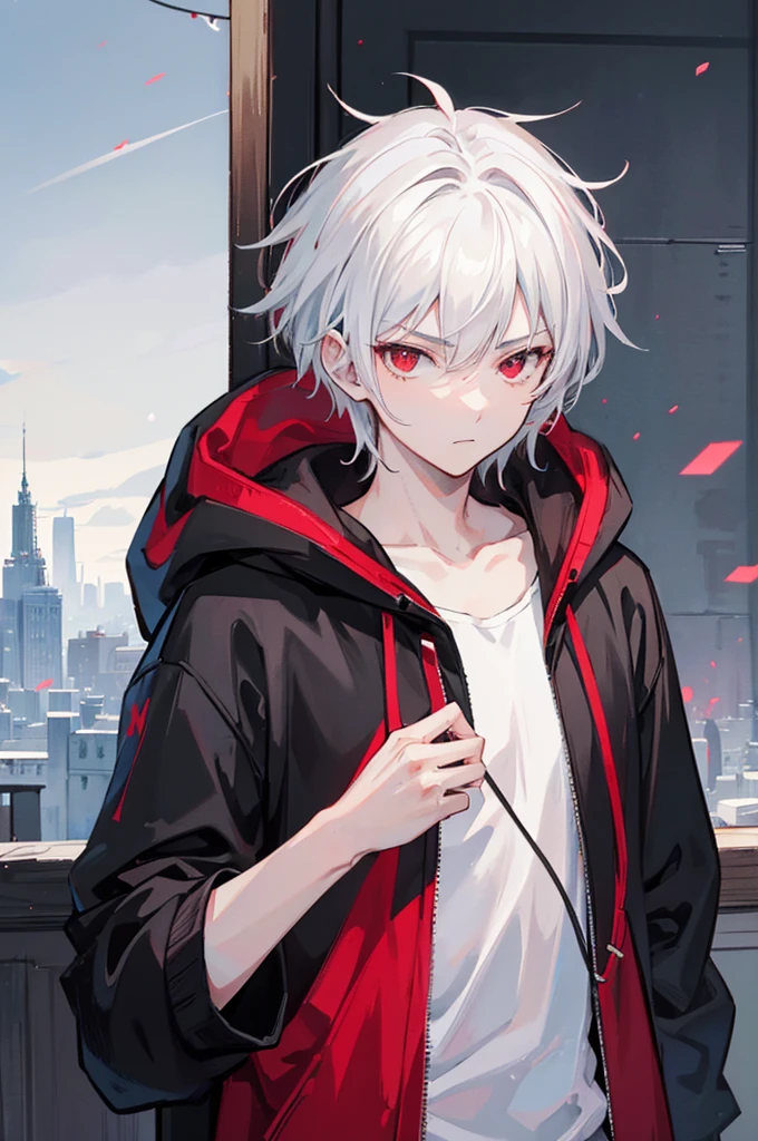 A young man with short white hair, red eyes. Wearing a black hoodie with gray details. He is standing, looking to the side. On a center of a city. Dungeons and Dragons art direction, studio ghibli Style