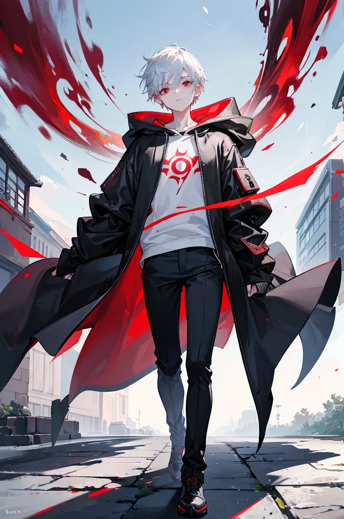 A young man with short white hair, red eyes. Wearing a black hoodie with gray details. He is standing, looking to the side. On a center of a city. Dungeons and Dragons art direction, studio ghibli Style