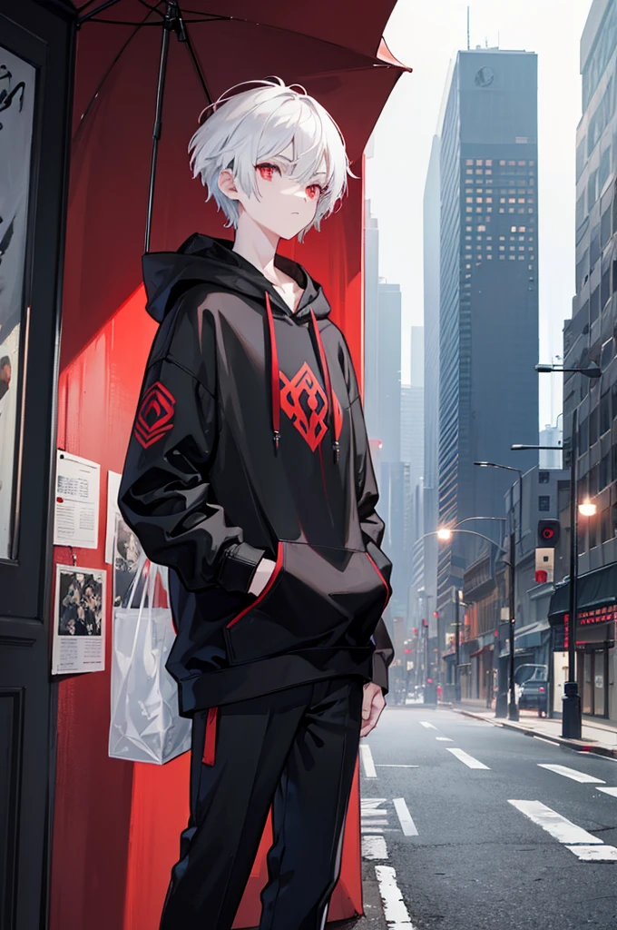 A young man with short white hair, red eyes. Wearing a black hoodie with gray details. He is standing, looking to the side. On a center of a city. Dungeons and Dragons art direction, studio ghibli Style