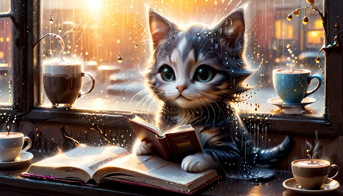 A scene of a cafe with rain falling outside the window, an anthropomorphic kitten is reading a book while drinking hot chocolate on a window seat, the warm light and calm expression are impressive