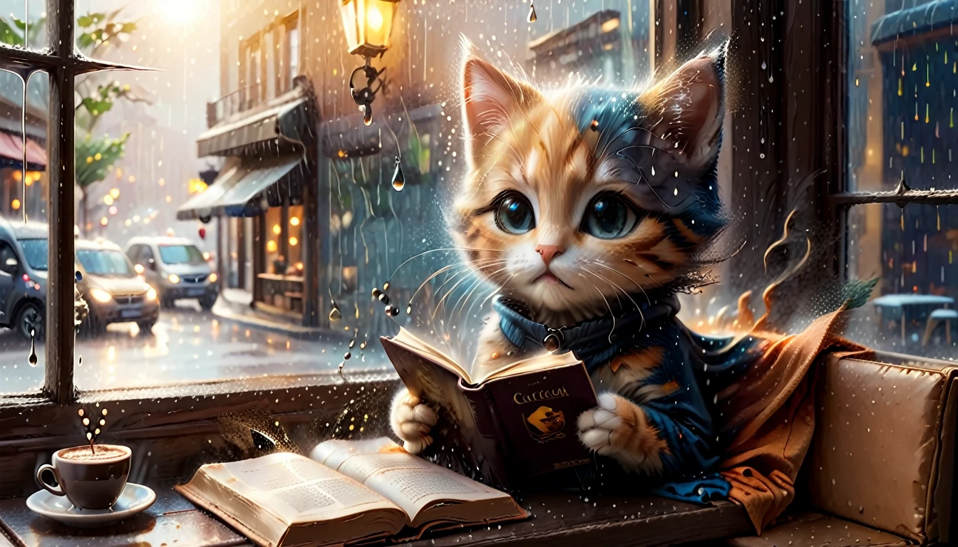 A scene of a cafe with rain falling outside the window, an anthropomorphic kitten is reading a book while drinking hot chocolate on a window seat, the warm light and calm expression are impressive