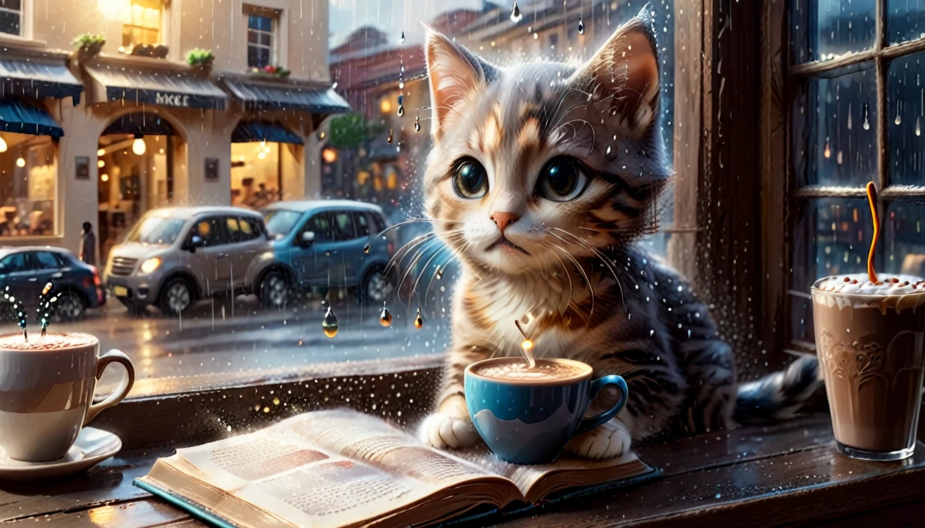 A scene of a cafe with rain falling outside the window, an anthropomorphic kitten is reading a book while drinking hot chocolate on a window seat, the warm light and calm expression are impressive