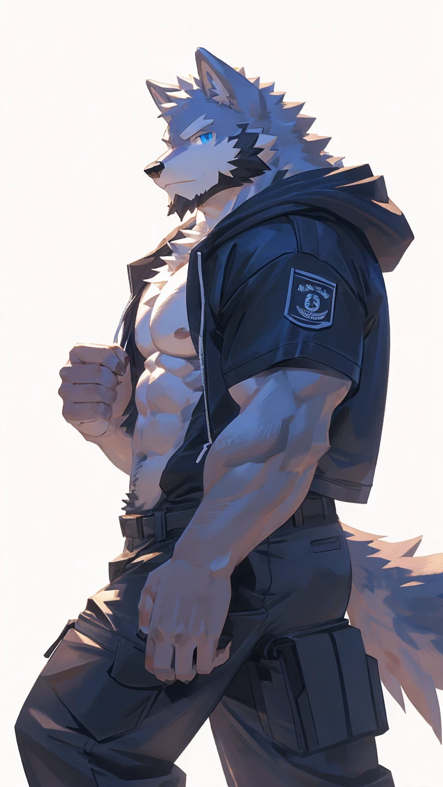 (masterpiece:1.2), best quality,pixiv,official art,perfect anatomy, (Ray tracing, light),solo, (1_male:1.3) , (muscle), (grey fur:1.4), (muscle wolf), (beard:1.2), (gleaming blue eyes), wolf tail, full body, Thick black eyebrows,(open hoodie), (naked inside), (white cargo pants:1.2), white shoes, (pure white background: 1.3), 30-40years old