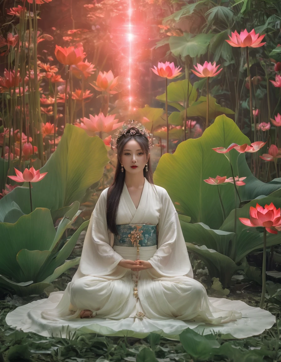 Full-body photo of a courtesan in lotus position，Praying with palms together、Anatomically correct,born, Cinematic shots, (Sharp focus:1.5), (Realistic:1.4), dusk lighting, Volumetric lighting, Ultra-high resolution, 16K,Dramatic lighting, Abstract background：1.5）（Tangleた，Datura stramonium，Holding a heart light in your hand、Tangle，Intertwined：0.7）witch，Red kimono, Foxfire spells, conversion, Depth of written boundary, A fantastic atmosphere, The most beautiful form of chaos, Elegance, Fauvist Design Dark Theme, flowers of death, flowers of ecstasy，Glowing Lines,Glow Example，Tracking example，flash， Backlight，translucent，Particles of light,hill，exit