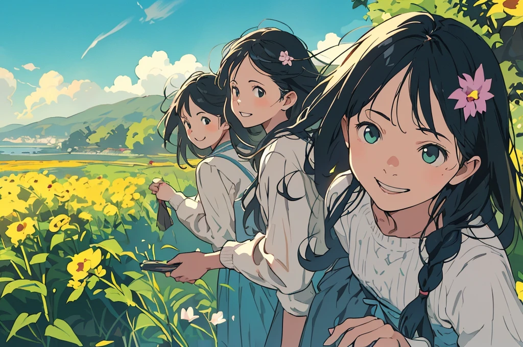 Reasonable design, Clear lines, High Sharpness, (Highest quality,8K,Perfect sharpness,Ultra fine,High resolution,masterpiece:1.2), Perfect Anatomy:1.5, Official Art, Illustrations that tell a story, (Whitish background:0. 9）、Body Positivity、多Mr.な身体表現、（Random and energetic poses）、Perfect beauty、Perfect beautiful face、Strong winds、A rich expression、Dynamic composition、smile、Golden ratio composition、colorful、（(Mr.々Different angles and perspectives)）、Anime Art、(Mini dress)、（Overcoming stereotypes）、 Glowing Skin、（Natural beauty）、smile、Bangs、（Soft and flowing hair）、（countryside）、（Nostalgic atmosphere）、Put up to your feet、（Playful and carefree）、（多Mr.な民族のキャラクター）、（innocent attitude）、（Sunny atmosphere）、(The skirt flutters wildly in the wind)、（Bright colors）、Beautiful Eyes、(Embarrassing)、Braided Hair、Summer Scene、Smiling among flowers、Angle from above、