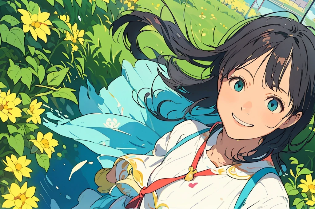 Reasonable design, Clear lines, High Sharpness, (Highest quality,8K,Perfect sharpness,Ultra fine,High resolution,masterpiece:1.2), Perfect Anatomy:1.5, Official Art, Illustrations that tell a story, (Whitish background:0. 9）、Body Positivity、多Mr.な身体表現、（Random and energetic poses）、Perfect beauty、Perfect beautiful face、Strong winds、A rich expression、Dynamic composition、smile、Golden ratio composition、colorful、（(Mr.々Different angles and perspectives)）、Anime Art、(Mini dress)、（Overcoming stereotypes）、 Glowing Skin、（Natural beauty）、smile、Bangs、（Soft and flowing hair）、（countryside）、（Nostalgic atmosphere）、Put up to your feet、（Playful and carefree）、（多Mr.な民族のキャラクター）、（innocent attitude）、（Sunny atmosphere）、(The skirt flutters wildly in the wind)、（Bright colors）、Beautiful Eyes、(Embarrassing)、Braided Hair、Summer Scene、Smiling among flowers、Angle from above、