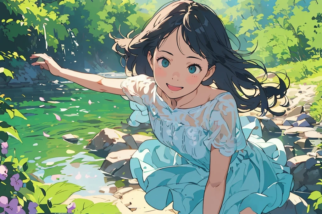 Reasonable design, Clear lines, High Sharpness, (Highest quality,8K,Perfect sharpness,Ultra fine,High resolution,masterpiece:1.2), Perfect Anatomy:1.5, Official Art, Illustrations that tell a story, (Whitish background:0. 9）、Body Positivity、多Mr.な身体表現、（Random and energetic poses）、Perfect beauty、Perfect beautiful face、Strong winds、A rich expression、Dynamic composition、smile、Golden ratio composition、colorful、（(Mr.々Different angles and perspectives)）、Anime Art、(Mini dress)、（Overcoming stereotypes）、 Glowing Skin、（Natural beauty）、smile、Bangs、（Soft and flowing hair）、（countryside）、（Nostalgic atmosphere）、Put up to your feet、（Playful and carefree）、（多Mr.な民族のキャラクター）、（innocent attitude）、（Sunny atmosphere）、(The skirt flutters wildly in the wind)、（Bright colors）、Beautiful Eyes、(Embarrassing)、Braided Hair、Summer Scene、Smiling among flowers、Angle from above、