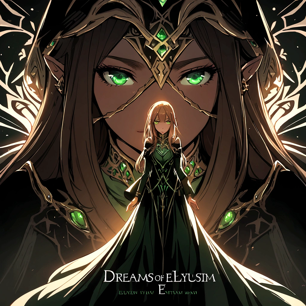 Dreams of Elysium title, dark fantasy, elven woman with long brown hair, dressed in black, green eyes, "dreams of elysium" written in runic font