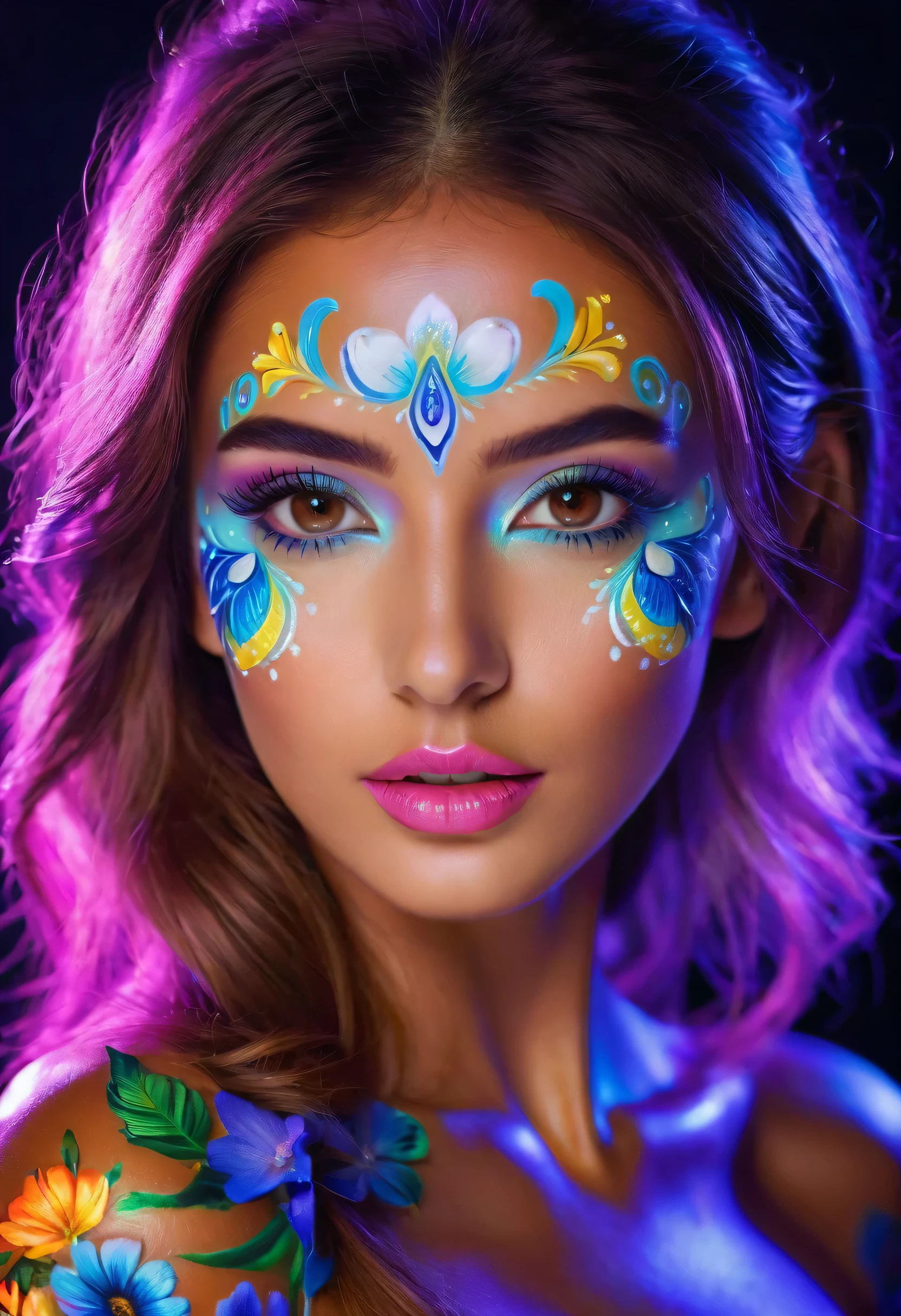 ((portrait of a girl in the ultraviolet backlighting on her:1.24)), (1girl: 1.3, 22 years), ((super fluorescent colourful and extremely intricately detailed photo of Hyperrealistic art Wonderful, intricate (fluorescent colorful:1.4))), photorealistic Realism 32K Quality, fashion supermodel, (Glamour, paparazzi taking pictures of her), (beautiful sharp face), ((Hyper absurd resolution details of realistic , perfectly round brown eyes: 1.3) in Ultra absurd quality and resolution), ((Ultra sharp eyes, clear absurd quality, not blurry)), ((fine detailed pupils: 1.4)), pink_makeup:1.2, blue_eyeliner:1.13, red_lipstick:1.4,(perfect dark_eyeshadows:1.35), (Detailed nose:1.2), Intricate detail face, best high quality real texture skin, (perfect composition), ((fluorescent flower clusters printed on her skin: 1.4)), ((fluorescent paint whole body:1.37)), ((A model shows off glowing body paint covering her private parts in a vivid artistic display:1.5))), ((Beautiful girl with long legs and good style:1.2)), ((firm and full breasts)), (dynamic pose:1.25),((no_Pantise)),(Erotic:1.33), (((cowboy shot:1.3))),