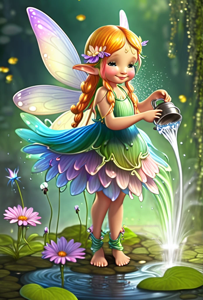  fairy gracefully watering a flower,full body,magic background.