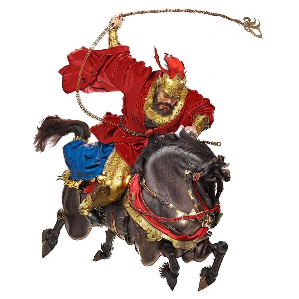 a big eyes chinese man with wild beard and thick eyebrow look at front, wearing red silky robe and brown pants,  gold ancient armour, riding black horse, , brown pants, gold color boot, waving metal chain weapon with crawl hook,