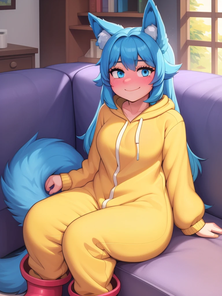 (Masterpiece) (High Detail) (High Res) A close up of a short humanoid girl with pale human skin and blue eyes and long blue hair and blue dog ears and a fluffy blue dog tail and average breasts. She is sat on a sofa and is wearing a fluffy furry yellow onesie and red rainboots. She has blushing cheeks and looks cheerful.