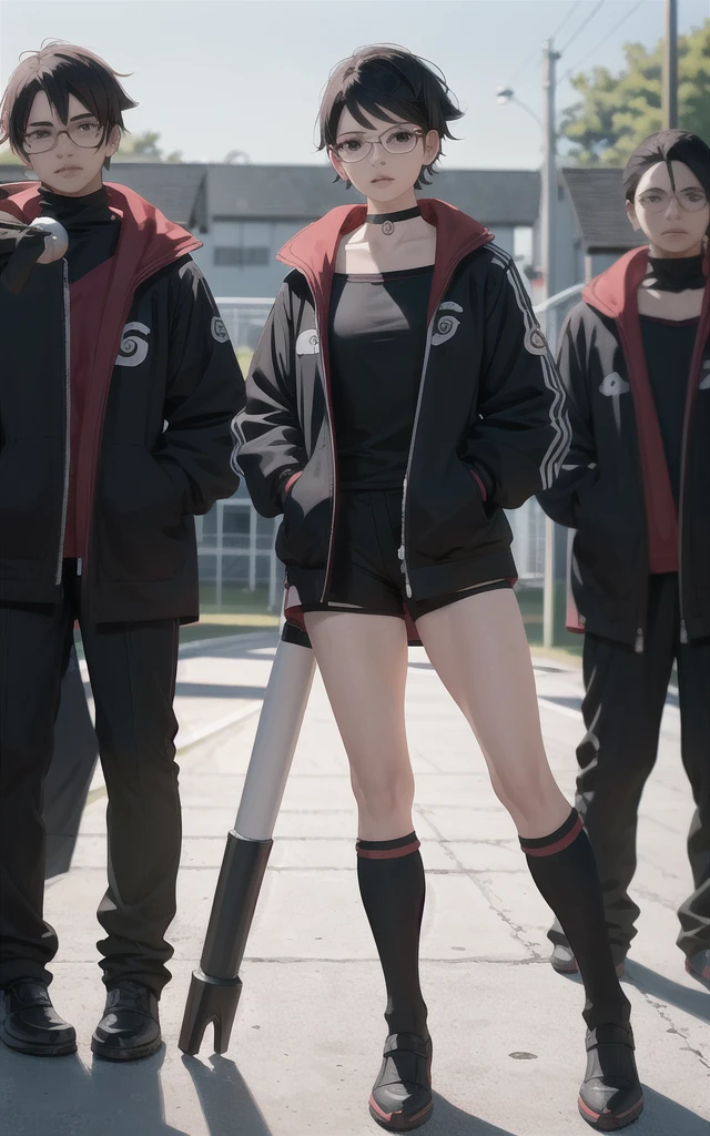 BARUTO_Timeskip_Uchiha_Sarada_ownwaifu, hand in pocket,
1 girl, glasses, round glasses, black hair, black eyes, bangs, swept bangs, short hair, lips, medium breasts, thighs,
black choker, red and black soccer shirt, black soccer shorts, black cleats, soccer tights, soccer socks,
((masterpiece)),((best quality)),(high resolution), bokeh, depth of field, landscape, focus, focused, looking at viewer, alone,
