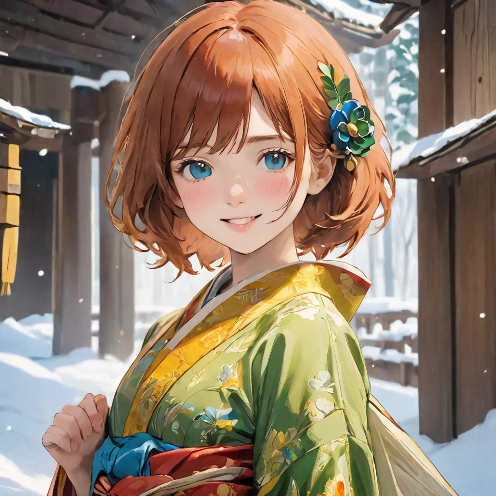 Florence Nightingale, Smiling at the camera, (Delicate illustrations: 1.4), (Renaissance art: 1.4), (Ultra-high resolution: 1.2), (Photorealism: 1.4), (8K, RAW Photos: 1.2), (Soft Focus: 1.4), ( 18-year-old: 1.3), (Sharp focus: 1.4), Beautiful face with attention to detail, Pure rose face_v1,best quality, masterpiece, Three Japanese high-school short girls with cute style, looking straight ahead and striking a gutsy pose are standing (separately:1.4), side by side, wearing a striking(yellow, red, blue, green) kimono with a flower motif, (white feather shawl around her neck:1.3), ((too much smile)), very cute, face, head and waist fully visible, upper arms hidden by clothes and hair, (only one well-shaped beautiful mount Fuji is completely covered with white snow from top to bottom:1.5), (vermilion shrine entrance:1.2), very thick and large pine trees, winter(season), Snow is accumulating on the roof and pine trees. ,(outdoors:1.5), (Japanese kimono:1.7)