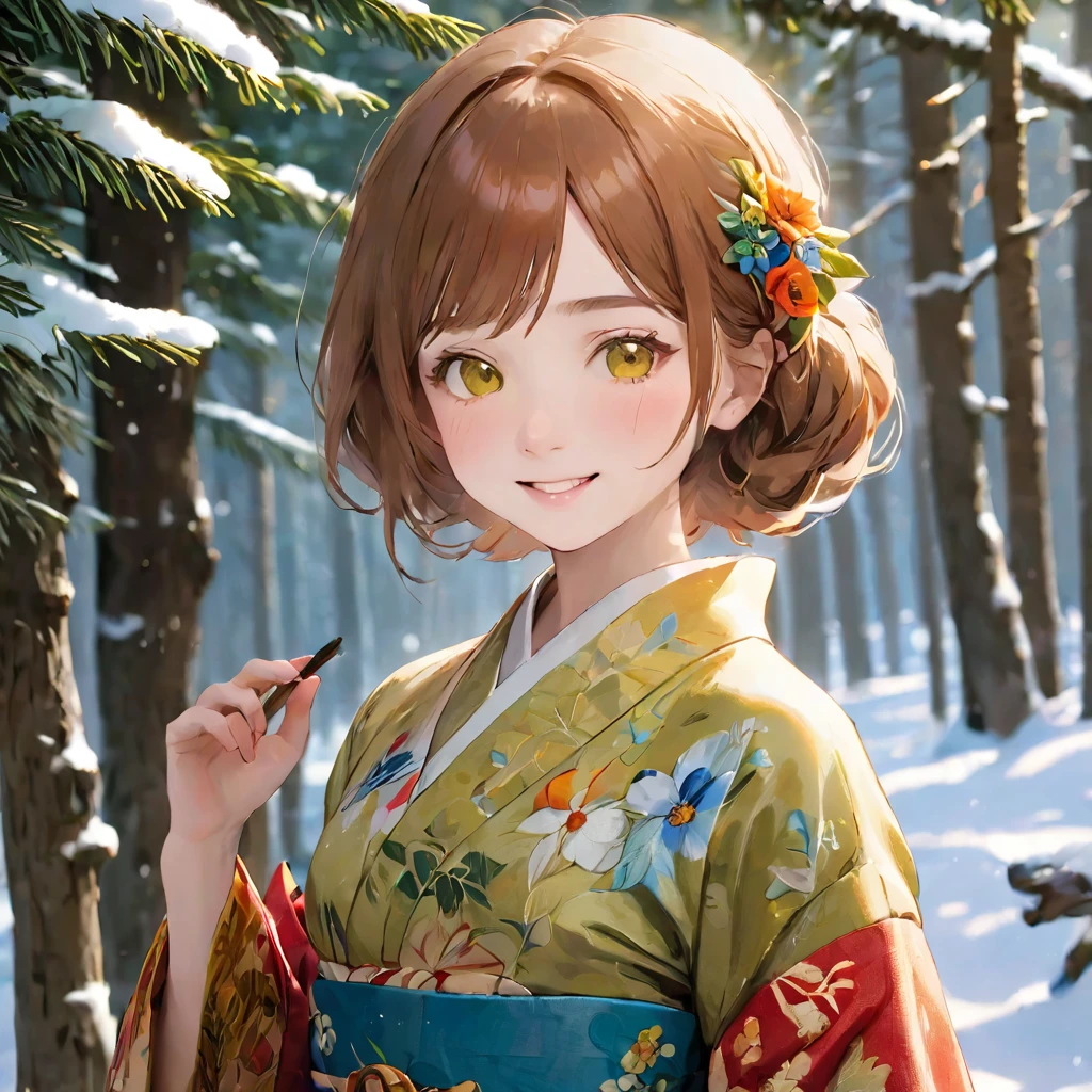 Florence Nightingale, Smiling at the camera, (Delicate illustrations: 1.4), (Renaissance art: 1.4), (Ultra-high resolution: 1.2), (Photorealism: 1.4), (8K, RAW Photos: 1.2), (Soft Focus: 1.4), ( 18-year-old: 1.3), (Sharp focus: 1.4), Beautiful face with attention to detail, Pure rose face_v1,best quality, masterpiece, Three Japanese high-school short girls with cute style, looking straight ahead and striking a gutsy pose are standing (separately:1.4), side by side, wearing a striking(yellow, red, blue, green) kimono with a flower motif, (white feather shawl around her neck:1.3), ((too much smile)), very cute, face, head and waist fully visible, upper arms hidden by clothes and hair, (only one well-shaped beautiful mount Fuji is completely covered with white snow from top to bottom:1.5), (vermilion shrine entrance:1.2), very thick and large pine trees, winter(season), Snow is accumulating on the roof and pine trees. ,(outdoors:1.5), (Japanese kimono:1.7)