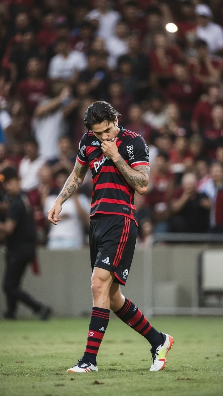 Create an ultra-realistic image of a young soccer player signing a contract with Flamengo from Rio de Janeiro. The player is sitting at a table, holding a pen and looking directly at the camera. He has vibrant blue hair and a vibrant blue beard, and is wearing a black jacket with a zipper. In the background, there is a panel with the logos of Flamengo and its sponsors, highlighting the significance of the contract signing moment with the club.