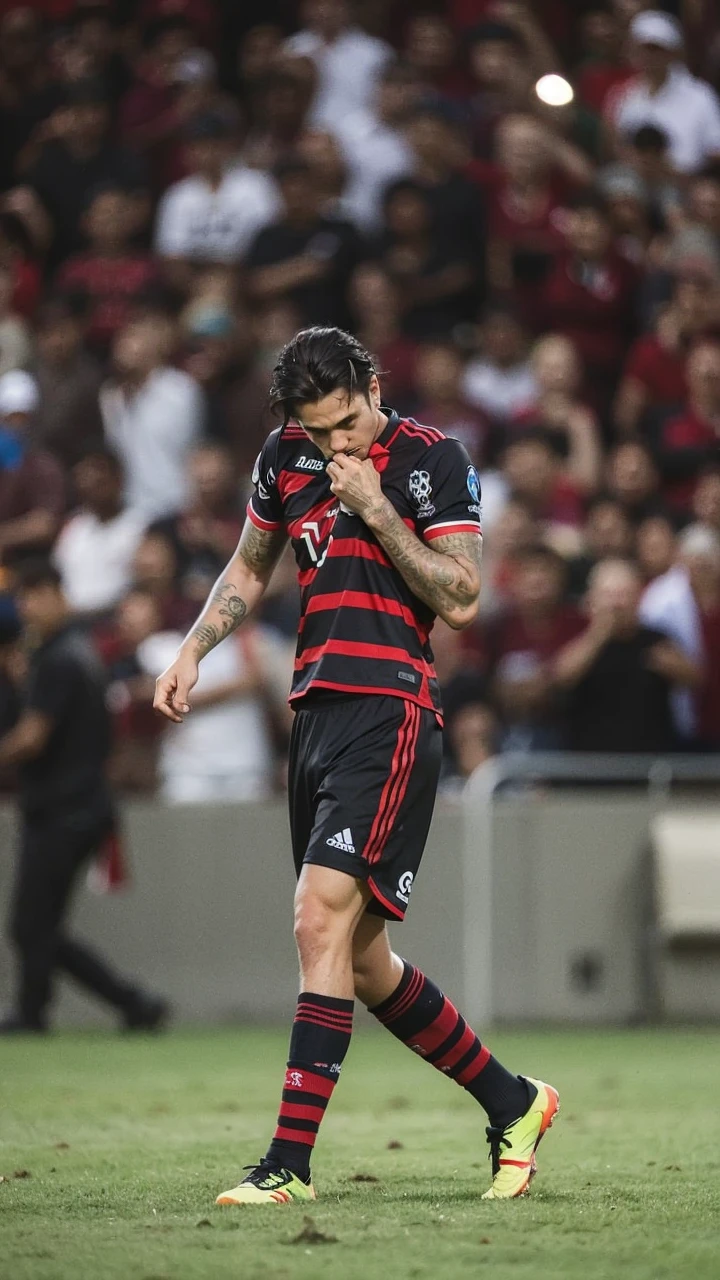 Create an ultra-realistic image of a young soccer player signing a contract with Flamengo from Rio de Janeiro. The player is sitting at a table, holding a pen and looking directly at the camera. He has vibrant blue hair and a vibrant blue beard, and is wearing a black jacket with a zipper. In the background, there is a panel with the logos of Flamengo and its sponsors, highlighting the significance of the contract signing moment with the club.